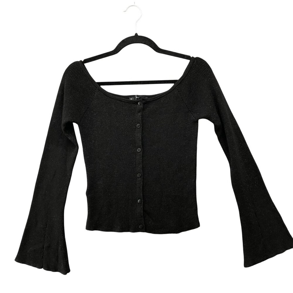 MNG Mango Off Shoulder Flare Sleeve Sweater Cardigan Womens XL Black Metallic